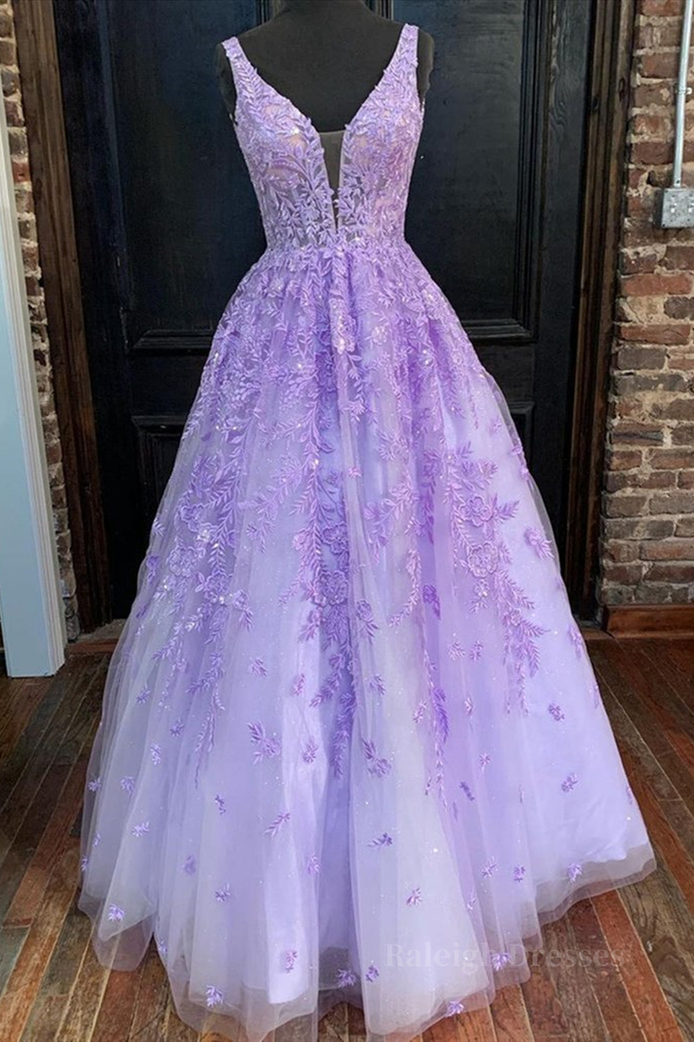 Deep V Neck Purple Lace Long Prom Dresses, Purple Lace Formal Dresses, Purple Evening Dresses