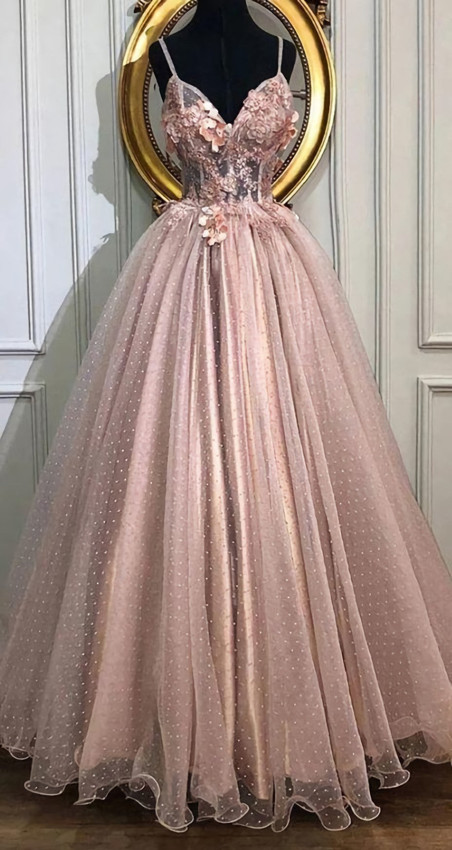 A Line V Neck Tulle Long Prom Dresses, Pearl Pink Appliques Formal Evening Dress