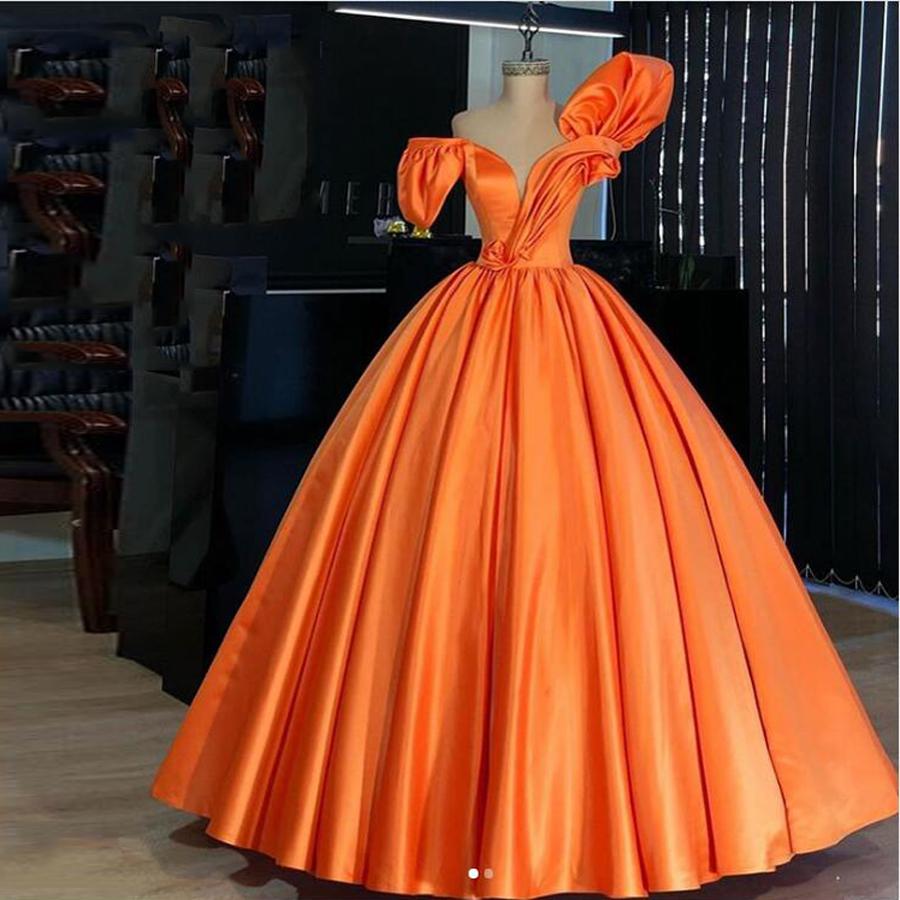Orange Satin Puffy Prom Dresses, Vintage Pleated 3D Flower Long Prom Gowns Plus Size Formal Party Dress