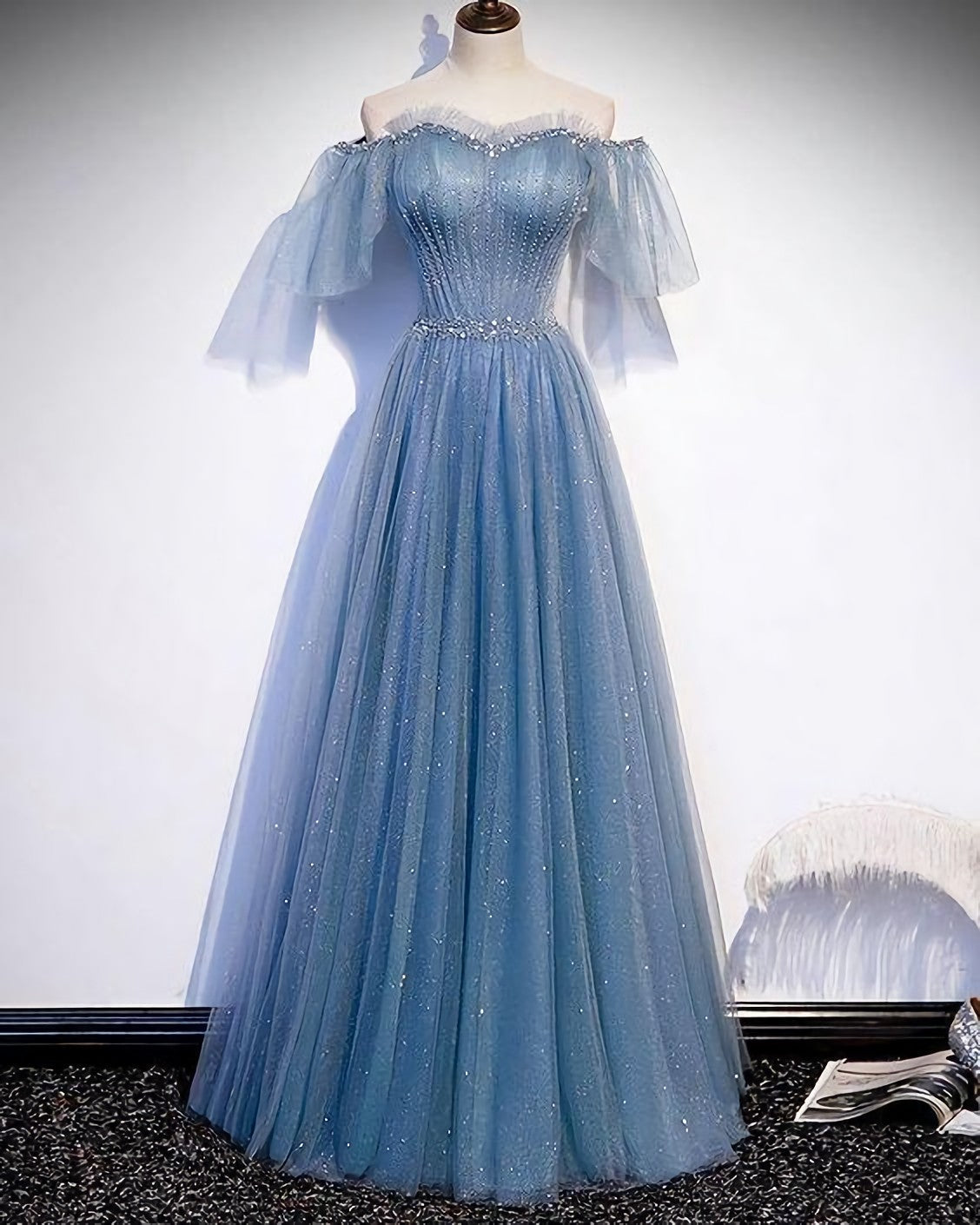 Sparkly Gorgeous A Line Off The Shoulder Dusty Blue Tulle Prom Dresses With Beading