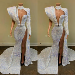 Gorgeous Sequin Long Mermaid Prom Dresses, 2024 Sexy High Slit Sheer High Neck Single Long Sleeve African Black Girl Prom Dress