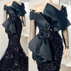 Elegant African Black Mermaid Evening Dresses, Full Sleeves Lace Appliqued Beaded Arabic Aso Prom Gowns With Bow Robe De Soiree