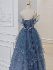 Blue Sweetheart Tulle Sequin Long Prom Dress, Blue Evening Dress