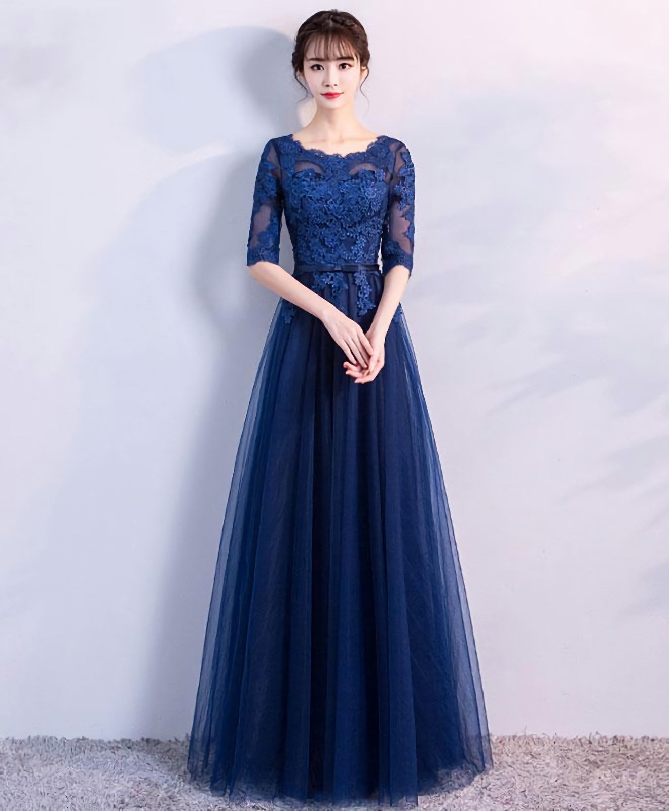 Blue Tulle Lace Long Prom Dress, Lace Evening Dress