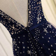 Blue Beaded Sequins Long Prom Dress, Blue Evening Dress