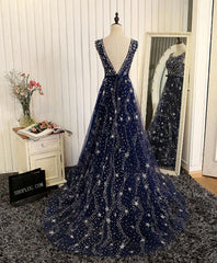 Blue Beaded Sequins Long Prom Dress, Blue Evening Dress