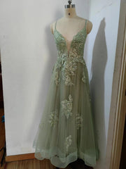 Dusty Sage Prom Dress Plunging V Neck Appliques Lace-Up A-line Long Evening Gown