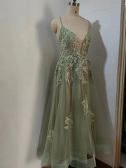 Dusty Sage Prom Dress Plunging V Neck Appliques Lace-Up A-line Long Evening Gown