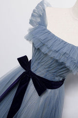 Blue Off the Shoulder Tulle Long Prom Dress with Sash, Sparkly Formal Gown
