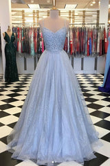 Elegant Light Blue Tulle V-neck Spaghetti Straps Lace Long Prom Dresses