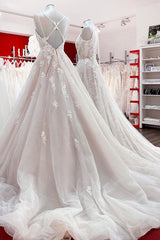 Elegant Long A-line V Neck Sleeveless Ruffles Backless Wedding Dress