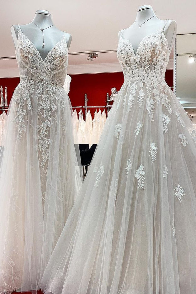Elegant Long A-line V Neck Sleeveless Ruffles Backless Wedding Dress