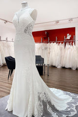 Elegant Long Mermaid Spaghetti Straps Lace Satin Open Back Wedding Dress