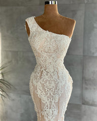 Elegant Long One Shoulder Appliques Lace Mermaid Wedding Dress