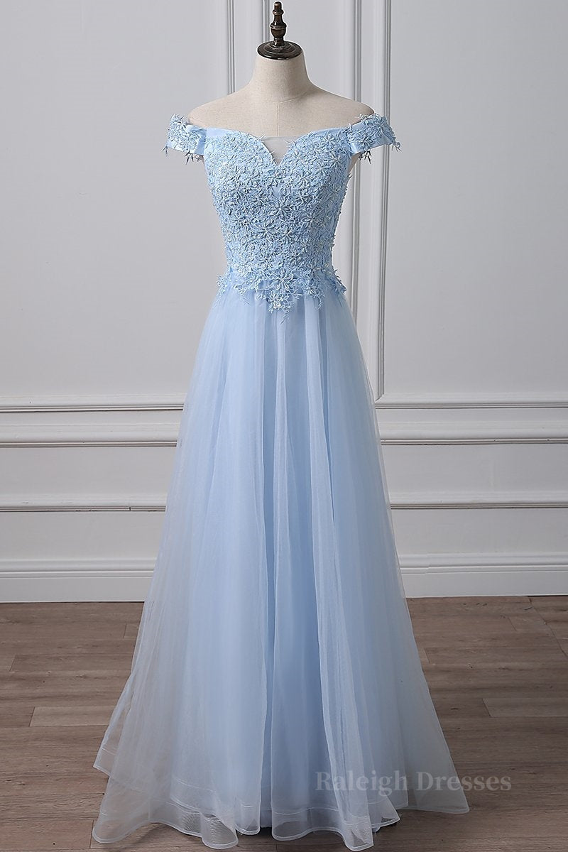 Elegant Off Shoulder Long Sky Blue Lace Prom Dress, Off Shoulder Sky Blue Formal Dress, Sky Blue Lace Evening Dress