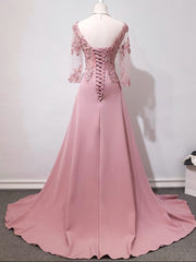 Elegant Pink Long Sleeves Lace Applique Long Party Dress, Pink Prom Dress