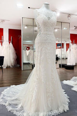 Elegant White Long Mermaid Tulle Lace Open Back Wedding Dresses