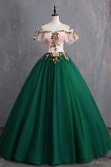 Green Off the Shoulder Floor Length Prom Dress with Appliques, Puffy Quinceanera Dress