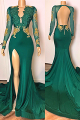 open back sexy side slit green prom dresses long sleeves