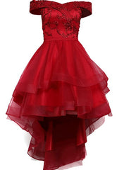 Fashionable High Low Party Dress, Red Off Shoulder Homecoming Dress