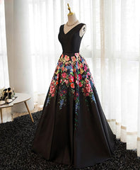 Black V Neck Floral Patterns Long Prom Dress, Black Evening Dress