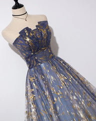 Charming Blue Floral Print Tulle Strapless Long A Line Prom Dresses, Dance Dresses