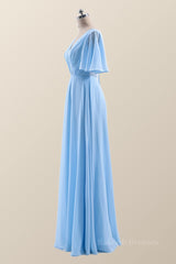Flare Sleeves Blue Chiffon A-line Long Bridesmaid Dress