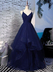 Prom Dresses For Adults, Beautiful Navy Blue Tulle V-neckline Straps Long Party Dress, Blue Formal Gown