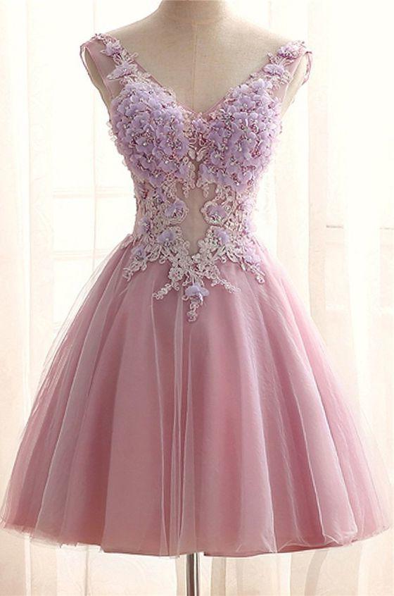 Chic V Neck Pink Tulle Applique Flower See Through Short Prom Dress