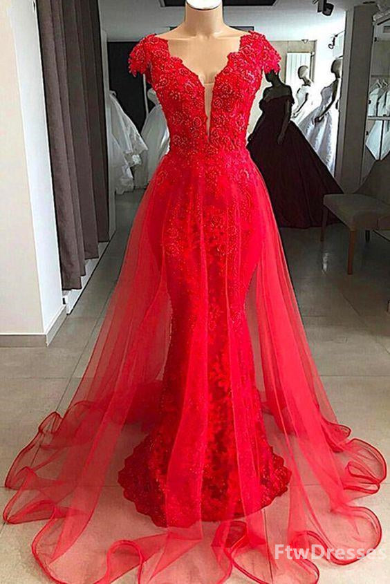 red lace cap sleeve long v neck formal prom dress beaded evening dress