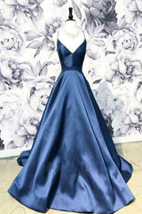 A Line Blue Spaghetti Straps Satin Prom Dresses, V Neck Blue Sexy Evening Party Dress