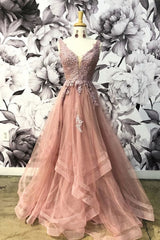 Unique Champagne Pink Tulle V Neck Lace Halter Lace Up Homecoming Dresses