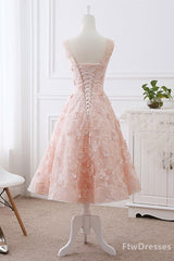 pink lace round neck tea length prom dress lace evening dress