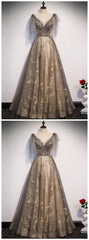 Elegant V Neck Gray Gold Tulle Lace Long Prom Dress, Tulle Formal Dress