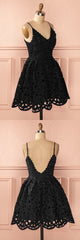 A Line Spaghetti Straps Backless Short Black Lace Homecoming Dress