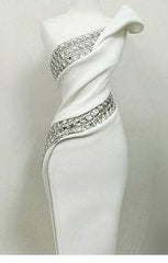 Glam White Dress With Diamonds Floor Length Prom Dress