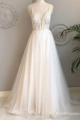 white v neck tulle lace long prom dress