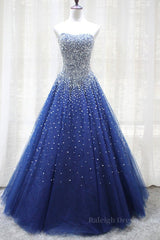 Gorgeous Strapless Blue Tulle Beaded Long Prom Dresses, Beaded Blue Formal Evening Dresses, Beaded Ball Gown