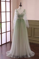 Gradient Tulle Green Long Sleeves Party Dress, Green Evening Formal Dresses