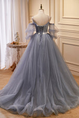 Gray Spaghetti Strap Lace Long Prom Dress, Off the Shoulder Evening Party Dress