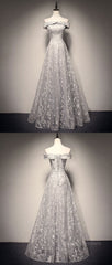 Gray tulle lace long prom dress, lace tulle bridesmaid dress