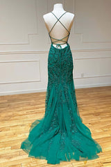Green Lace Mermaid Backless Spaghetti Straps Prom Dresses, Evening Gown,maxi dresses