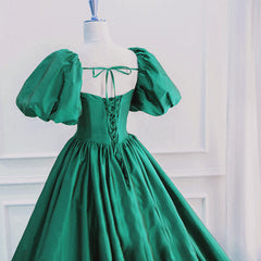 Green Puffy Sleeves Taffeta Long Formal Dress, Scoop Green Prom Dress Party Dress