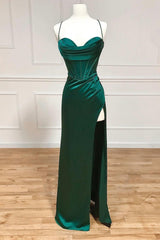 Green Satin Long Prom Dress, Simple Lace-Up Evening Party Dress
