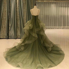 Green Straps Sweetheart Tulle Long Evening Dress, Green Layers Tulle Prom Dress