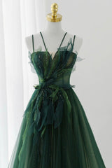 Green Tulle Long A-Line Prom Dress, Spaghetti Straps Evening Dress