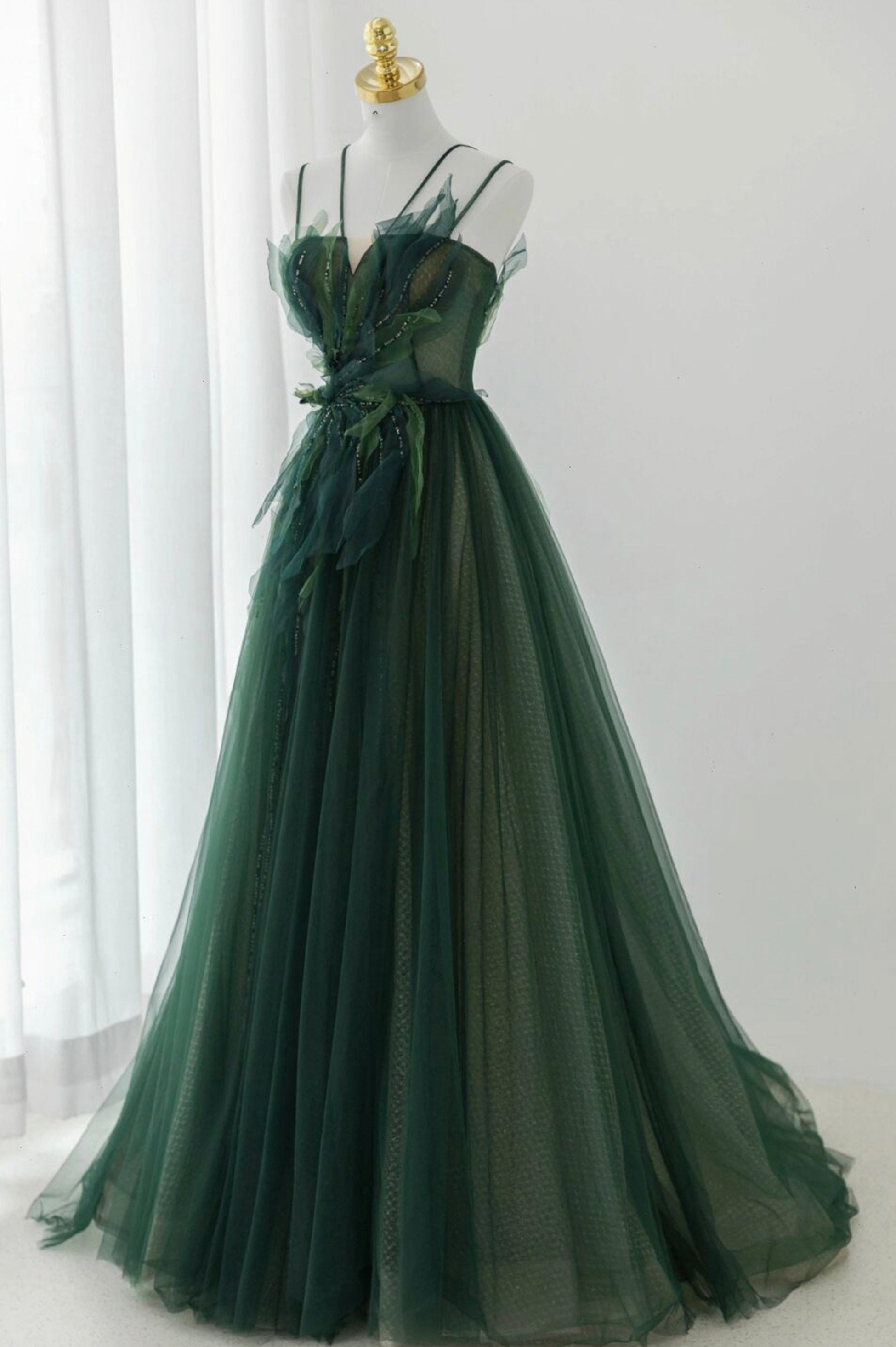 Green Tulle Long A-Line Prom Dress, Spaghetti Straps Evening Dress