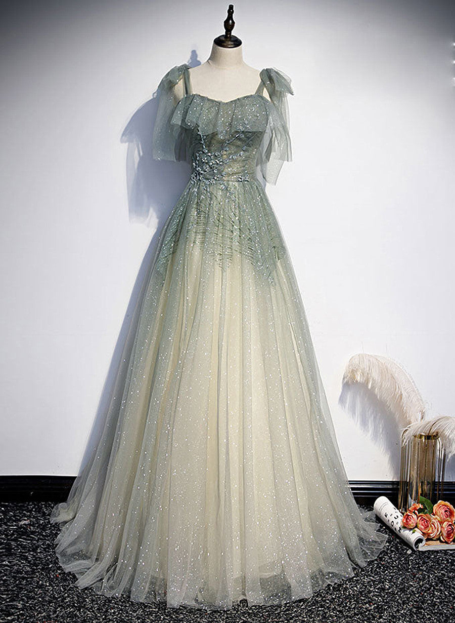 Green Tulle Straps A-line Beaded Long Prom Dress, Green Evening Party Dress