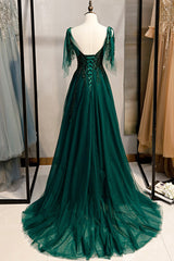 Green V-Neck Lace Long Prom Dress, A-Line Spaghetti Straps Evening Dress