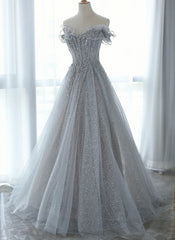 Grey Tulle Sweetheart Party Dress, A-Line Tulle Floor Length Prom Dress Evening Dress